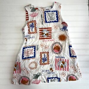 Paper Heart Linen Mini Dress Mediterranean Print Apron Spritz Capri S